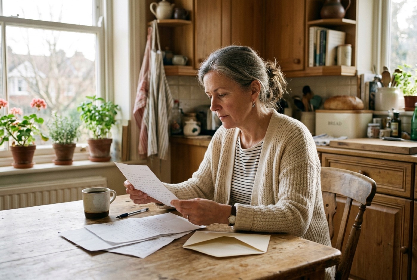 A woman in her fifties at a sunlit kitchen table, reading a letter beside a mug of coffee